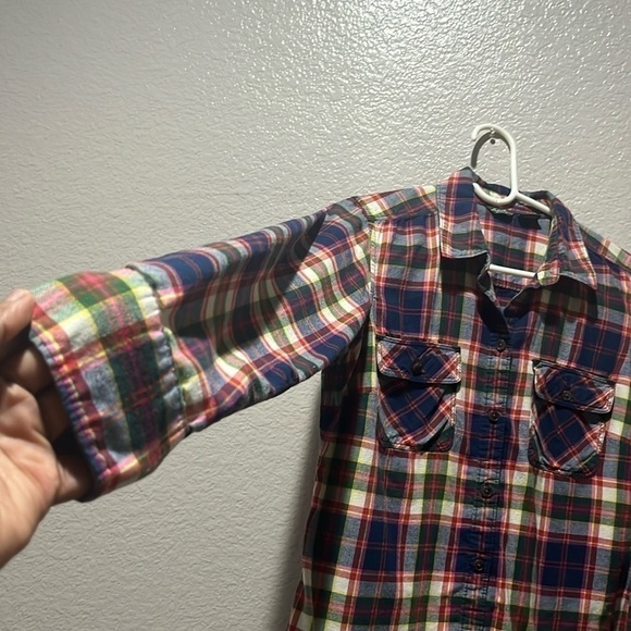 Eddie Bauer Flannel Shirt Women M Navy Blue Pink Plaid Pockets 100% Cotton - Picture 2 of 8